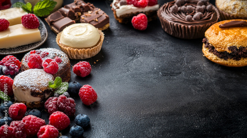 “Panoramic view of an assortment of confectionery and various types of desserts displayed on a dark table. The arrangement features a range of sweet treats, with ample copy space available for TEXT