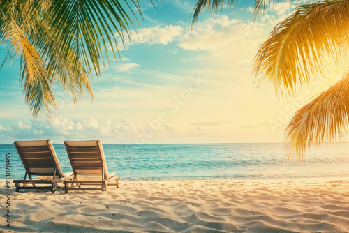 Two sunbeds under palm trees inviting to relax on tropical beach at sunset. High quality photo