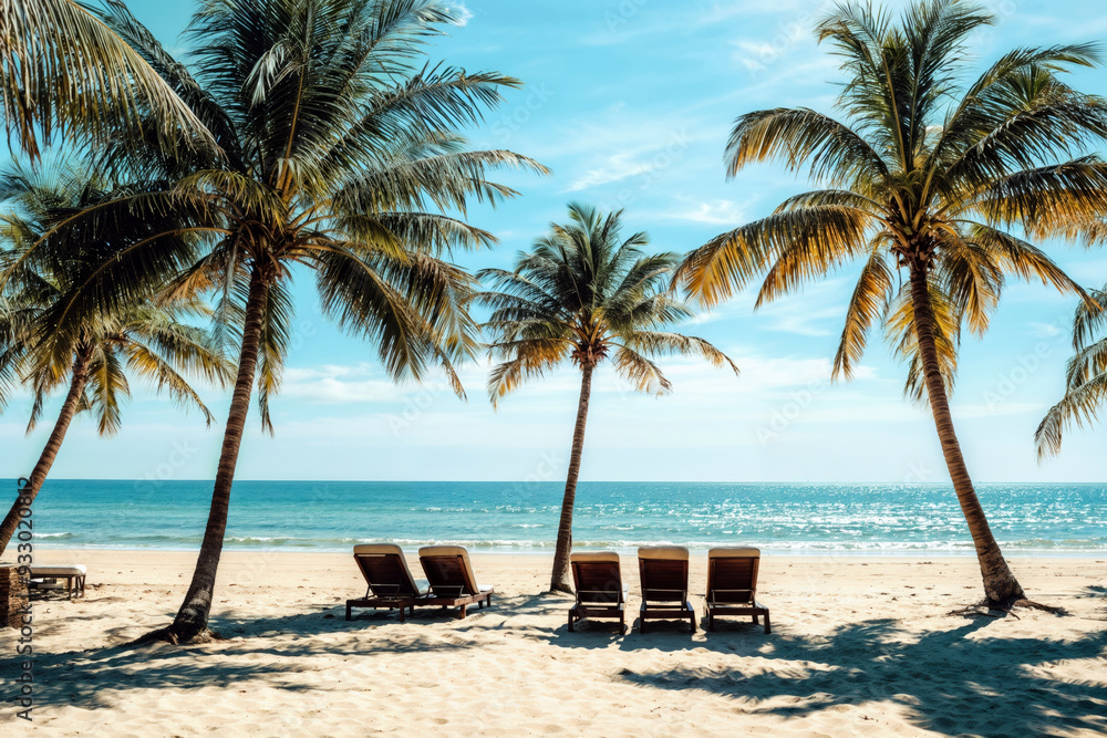 Wooden lounge chairs under palm trees on a tropical beach with clear skies and calm ocean. High quality photo Wooden lounge chairs under palm trees on a tropical beach with clear skies and calm ocean. High quality photo