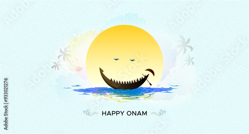 Vector Greeting card design for Onam festival. Onam boat race background with Happy Onam text. Indian Hindu festival celebrated in kerala.
