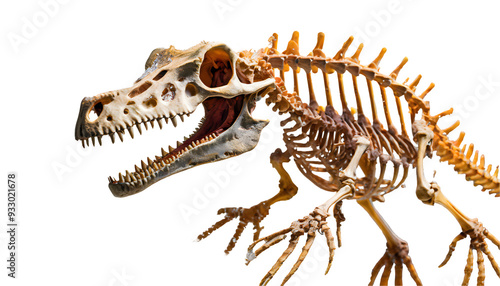 Dinosaur skeleton Splash on a white isolated background. Generative AI.