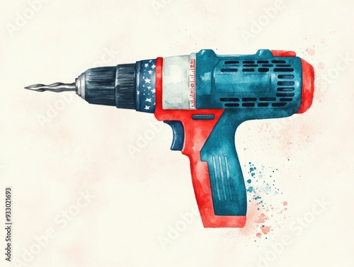 Watercolor painted power drill icon with red white and blue theme against a clean white background symbolizing Labor Day and American patriotism photo