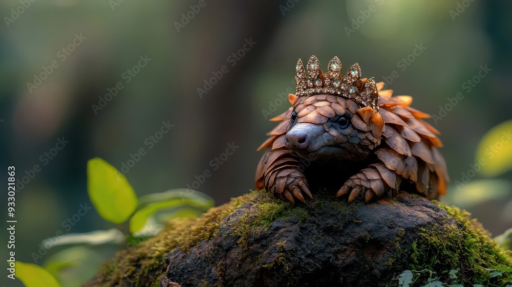 Fototapeta premium A pangolin with a sparkling crown majestically positioned on a moss-covered boulder.