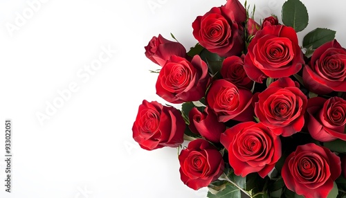 Fototapeta Naklejka Na Ścianę i Meble -  A bouquet of red roses on a white background, captured in close-up, from a top-down perspective. 