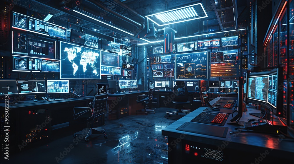 high tech control room with infographic, radar, and world map high tech control room with infographic, radar, and world map