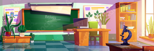 Biology classroom interior. Vector cartoon illustration of school room with wooden desks and chairs, desktop computer, chalkboard and wall posters, folders and books on shelf, flower pots near window