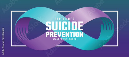 Suicide prevention awareness month - Text on teal purple infinity hand ribbon awareness sign on white line frame vector design