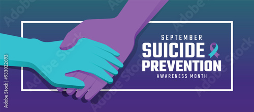 Suicide prevention awareness month - Teal purple caring hands on white frame and text with ribbon awareness sign vector design