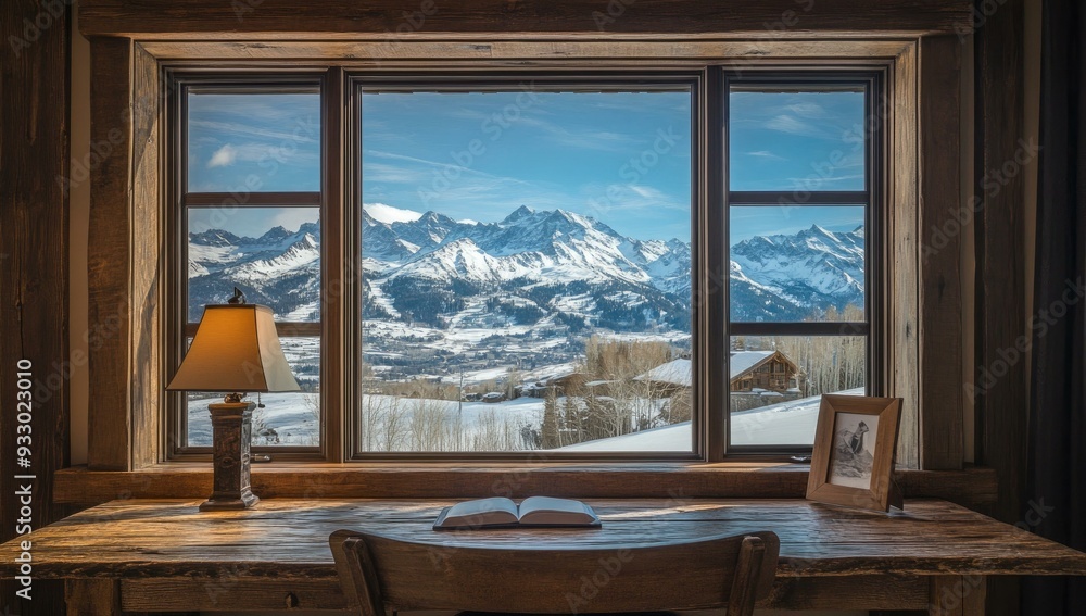 Rustic window view of snow-capped mountains. Rustic window view of snow-capped mountains.