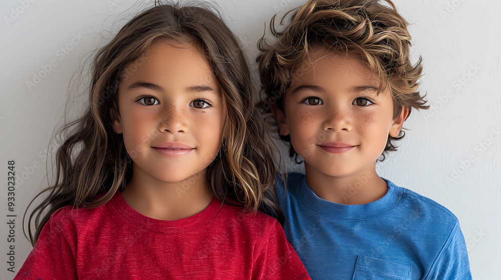 A photo of two happy children, one boy and one girl with dark brown hair standing next to each other isolated on a white background. Happy students for education and playgroup promotion materials A photo of two happy children, one boy and one girl with dark brown hair standing next to each other isolated on a white background. Happy students for education and playgroup promotion materials