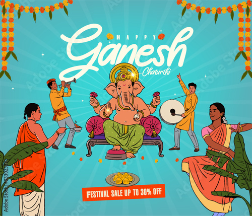 Happy Ganesh Chaturthi, Ganesha vector illustration and Indian people celebrating vector, sketch, and illustration for social media festival sale banner design template  