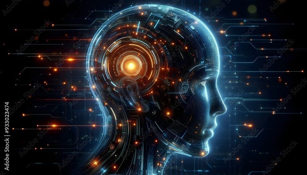 Side profile of a futuristic artificial intelligence computer head with glowing lines and data Side profile of a futuristic artificial intelligence computer head with glowing lines and data