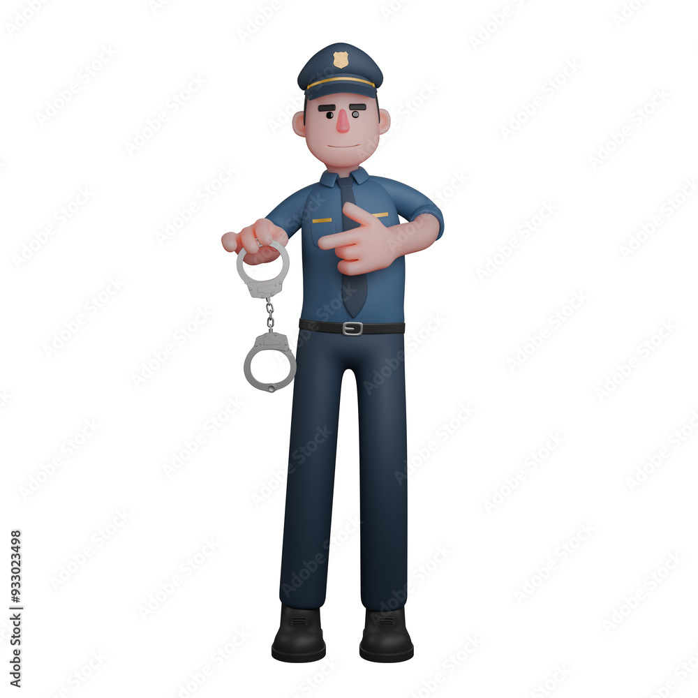 Police Male Professional . A calm-faced police officer is holding handcuffs in his left hand while pointing to himself with his right hand. 3D Cartoon Illustration Police Male Professional . A calm-faced police officer is holding handcuffs in his left hand while pointing to himself with his right hand. 3D Cartoon Illustration