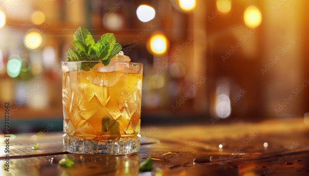 Tempting glass of refreshing mint julep cocktail on rustic wooden table, ideal summer beverage Tempting glass of refreshing mint julep cocktail on rustic wooden table, ideal summer beverage