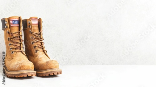 Patriotic watercolor of a Labor Day icon featuring the boots of a construction worker decorated with stars and stripes isolated on a white background as a symbol of American pride and independence