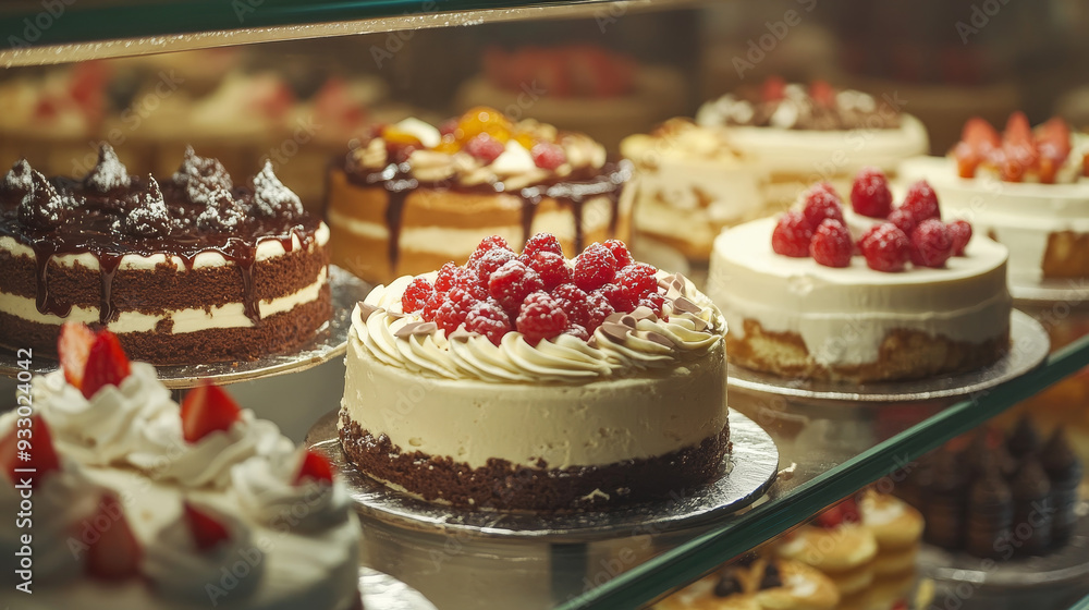 “A pastry shop display window featuring a variety of cakes. The display showcases an assortment of beautifully decorated cakes, each with unique designs and flavors, attracting attention and enticing “A pastry shop display window featuring a variety of cakes. The display showcases an assortment of beautifully decorated cakes, each with unique designs and flavors, attracting attention and enticing