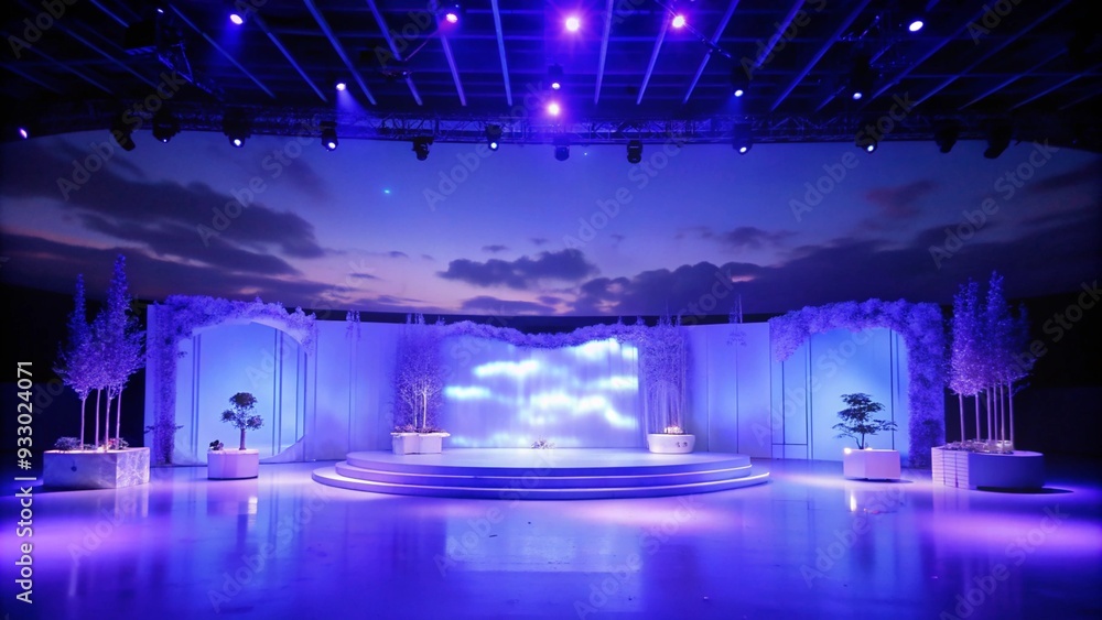 Obraz premium Empty stage with blue lights and white platform.
