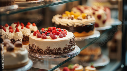 “A pastry shop display window featuring a variety of cakes. The display showcases an assortment of beautifully decorated cakes, each with unique designs and flavors, attracting attention and enticing 