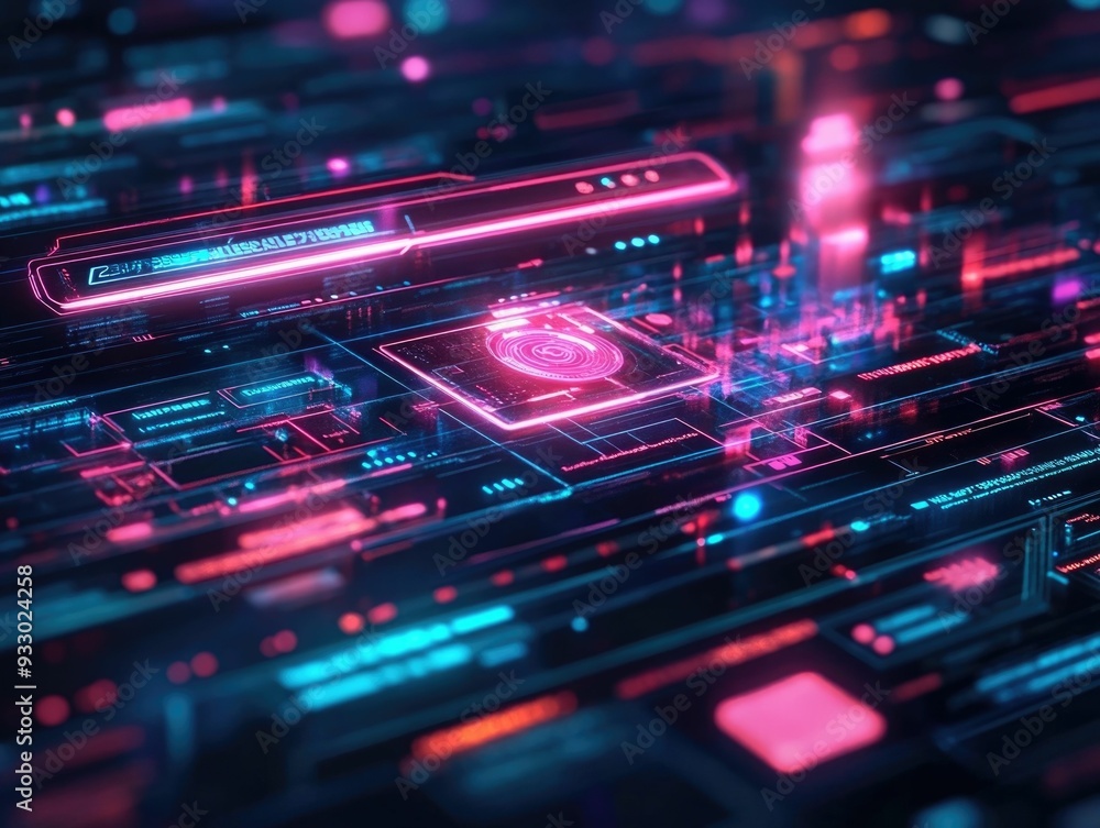 Obraz premium Futuristic 3D search engine interface featuring floating holographic search bars representing innovative and immersive web browsing experience of the future The digital display showcases a modern