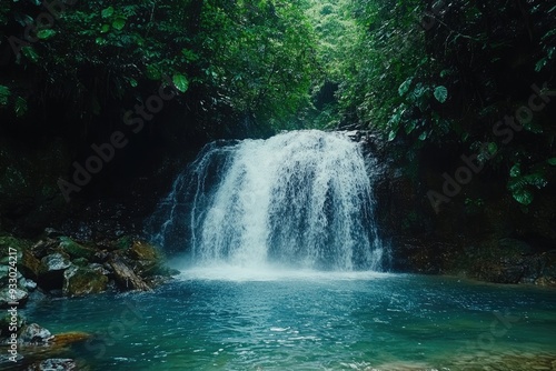 Waterfall cascades into a pool. Perfect for travel, nature, or relaxation themes.