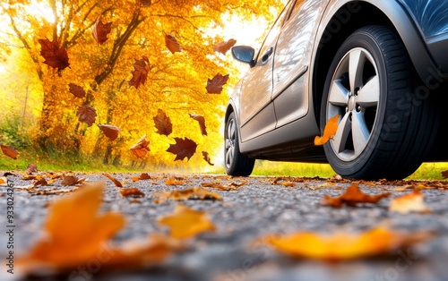 Autumn leaves falling on the car's wheels during the fall season in a forest