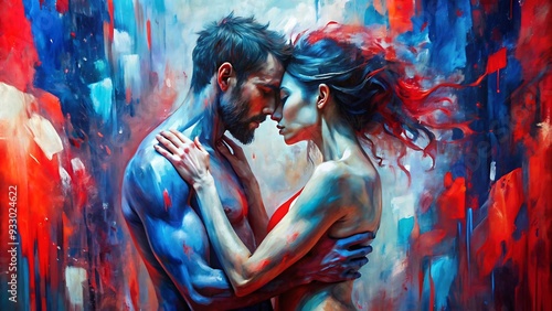 Emotional Art Portrait of Man and Woman Embracing in Vibrant Paints. Art. Portrait. Man. Woman. Embrace