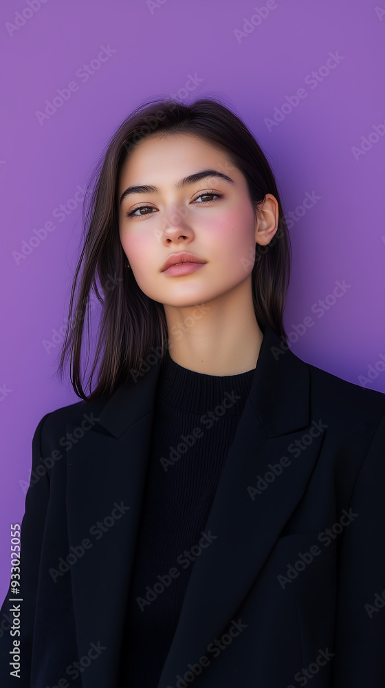 Fototapeta premium Portrait of a elegant young woman in a black blazer looking camera against a purple background soft studio lighting