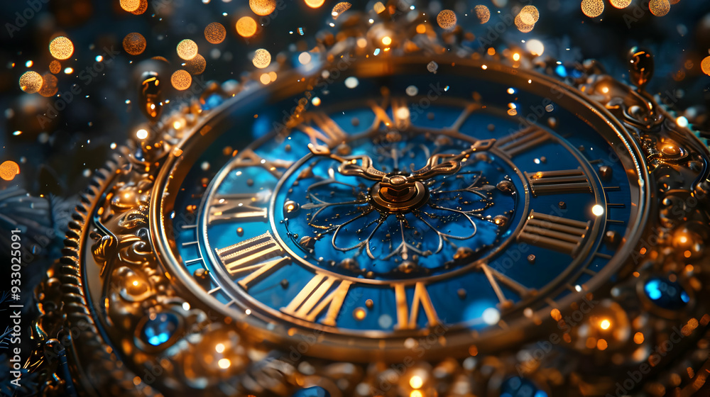 Golden Clock Face with Blue Roman Numerals and Bokeh Lights - 3D Illustration Golden Clock Face with Blue Roman Numerals and Bokeh Lights - 3D Illustration
