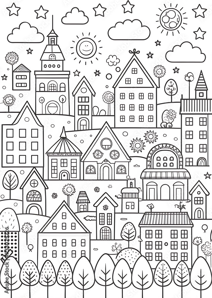 Fototapeta premium Creative City Coloring Pages for Kids: Explore Urban Landscapes and Fun. City. Coloring. Kids. Creative. Urban