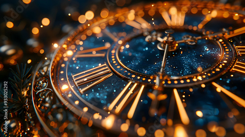 Wallpaper Mural Golden Clock Face with Blue Glitter and Bokeh Lights - 3D Illustration Torontodigital.ca