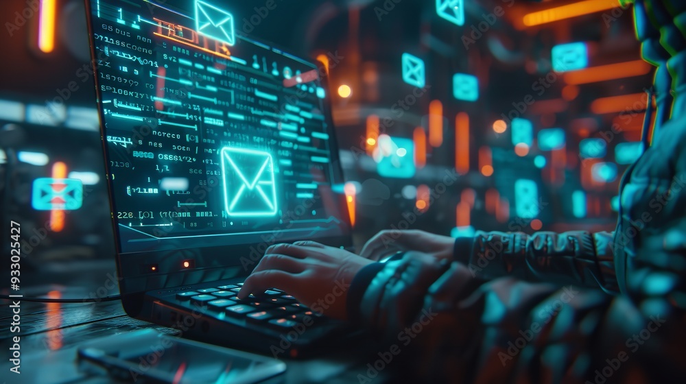 concept of modern internet with email icon hologram to respond to customers email, email marketing concept, a laptop with email icon hologram concept of modern internet with email icon hologram to respond to customers email, email marketing concept, a laptop with email icon hologram