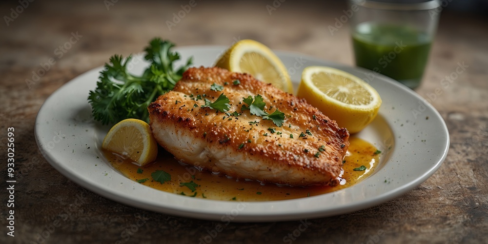 Battered fish with lemon ketchup and parsley on plate. Battered fish with lemon ketchup and parsley on plate.
