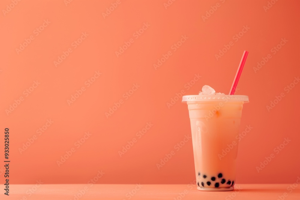Refreshing Boba Tea Beverage Against Coral Background - Perfect for Summer Refreshment Design Refreshing Boba Tea Beverage Against Coral Background - Perfect for Summer Refreshment Design