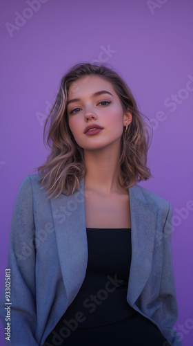 Portrait of a beautiful woman in a blazer soft purple background studio shot fashion