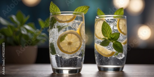 Refreshing lemon-infused sparkling water with fresh mint leaves. photo