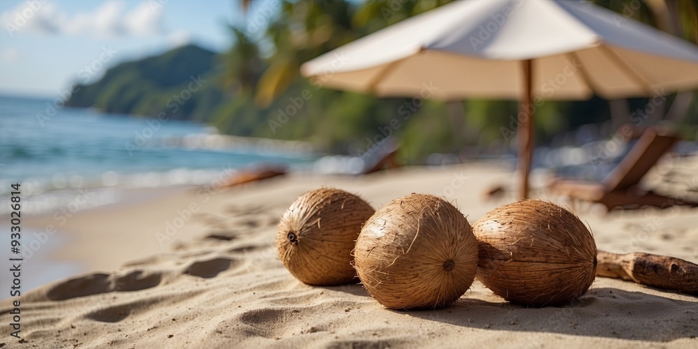 Fototapeta premium Fresh Coconuts on Tropical Beach with Umbrella - Exotic Summer Vacation Scene by the Ocean with Clear Blue Sky and Sandy Shoreline.