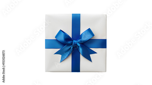 White gift box with blue ribbon top view isolated on white background