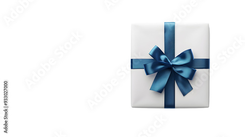 White gift box with blue ribbon top view isolated on white background