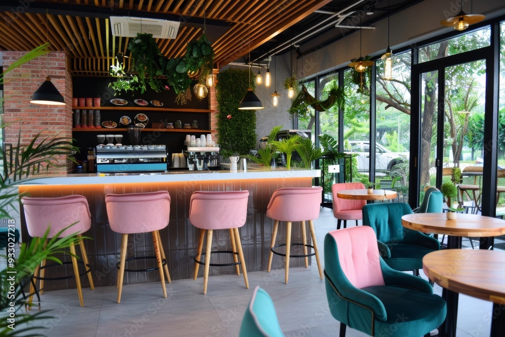 Obraz premium A welcoming and social cafe designed for friends, featuring smoothie specialties, vibrant decor, and a lively ambiance.