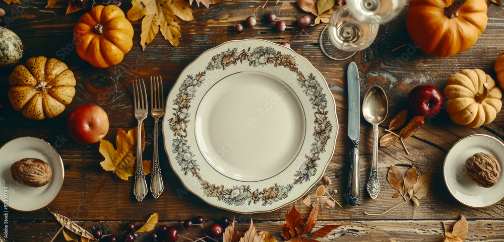 A close-up shot from above of an empty plate with elegant cutlery. Fall decor surrounds the setting with scattered leaves, acorns and mini pumpkins. A close-up shot from above of an empty plate with elegant cutlery. Fall decor surrounds the setting with scattered leaves, acorns and mini pumpkins.