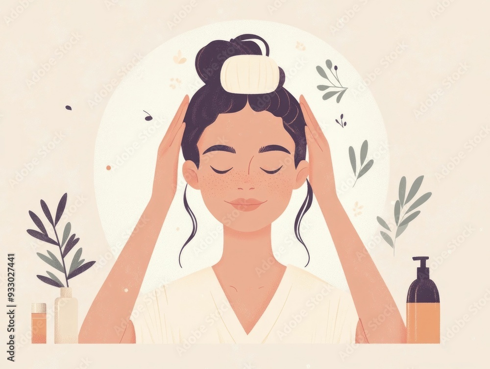 Relaxing Beauty Routine with Scalp Massager in Elegant Minimalist Flat Design Soothing Self Care Wellness and Grooming Concept Relaxing Beauty Routine with Scalp Massager in Elegant Minimalist Flat Design Soothing Self Care Wellness and Grooming Concept