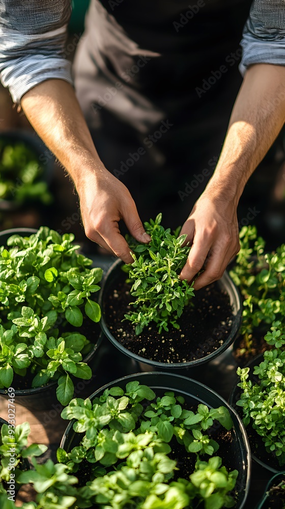 Close-up of hands cultivating herb plants in garden Close-up of hands cultivating herb plants in garden