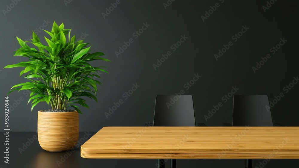 Modern minimalist workspace with a bamboo conference table Modern minimalist workspace with a bamboo conference table
