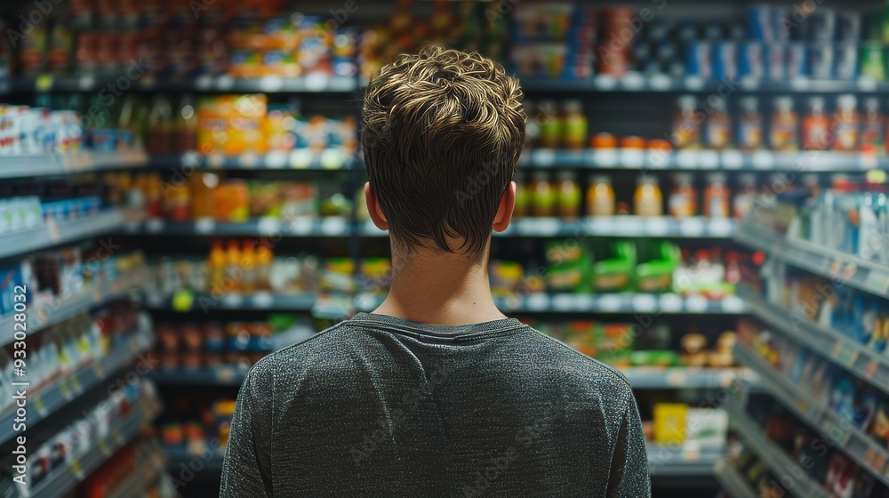 Male customer comparing prices in supermarket, close up rearview shot of man browsing products Male customer comparing prices in supermarket, close up rearview shot of man browsing products