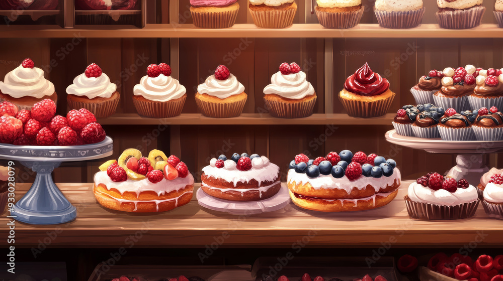 “A pastry shop display window featuring a variety of cakes. The display showcases an assortment of beautifully decorated cakes, each with unique designs and flavors, attracting attention and enticing “A pastry shop display window featuring a variety of cakes. The display showcases an assortment of beautifully decorated cakes, each with unique designs and flavors, attracting attention and enticing