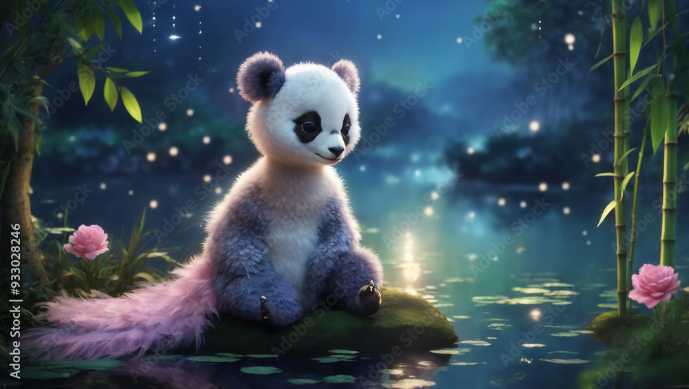 A panda cub sits by a moonlit pond with pink flowers and glowing lights.
A panda cub sits by a moonlit pond with pink flowers and glowing lights.
