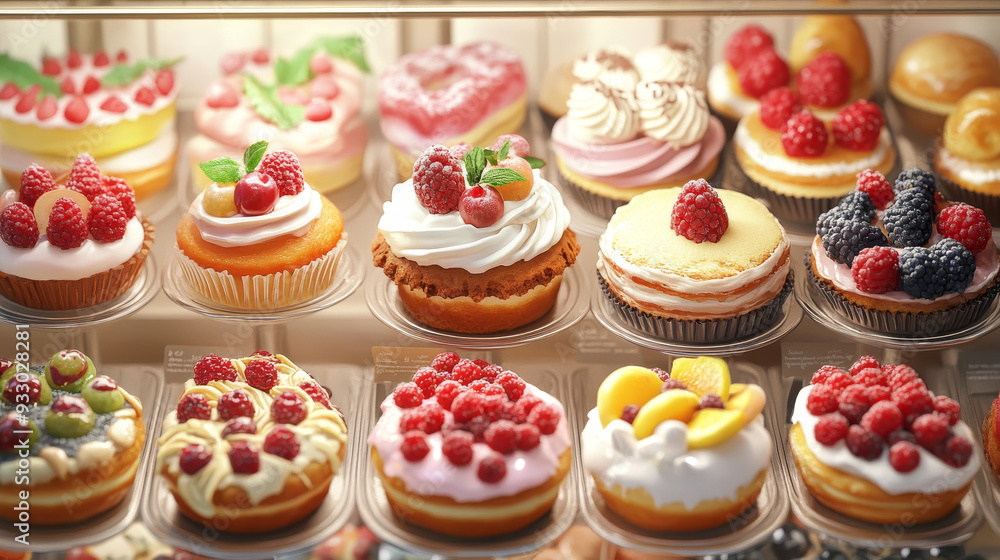 “A pastry shop display window featuring a variety of cakes. The display showcases an assortment of beautifully decorated cakes, each with unique designs and flavors, attracting attention and enticing “A pastry shop display window featuring a variety of cakes. The display showcases an assortment of beautifully decorated cakes, each with unique designs and flavors, attracting attention and enticing