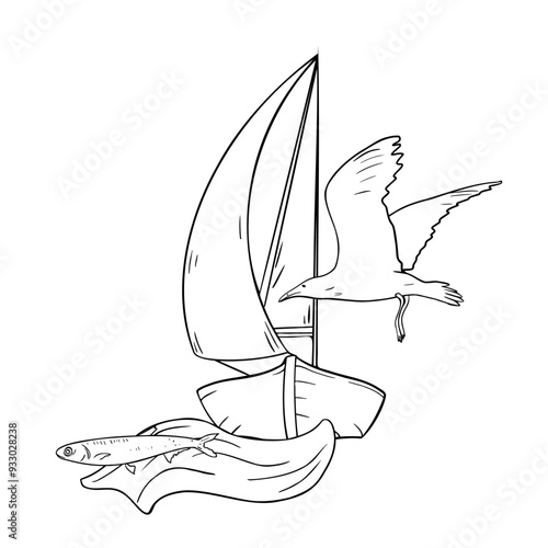 Yacht on wave black and white vector isolated. Sailing boat and fish hand drawn ink silhouette. Seagull seascape graphic illustration. Seabird and anchovies in line art. Simple marine drawing outline