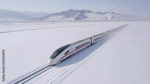 Cinematic Aerial View of a High-Speed Train Traversing a Snow-Covered Field with Mountain Backdrop