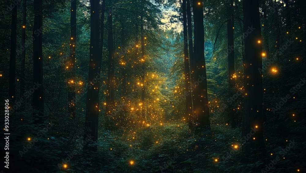 Obraz premium Fireflies illuminate a dark forest.